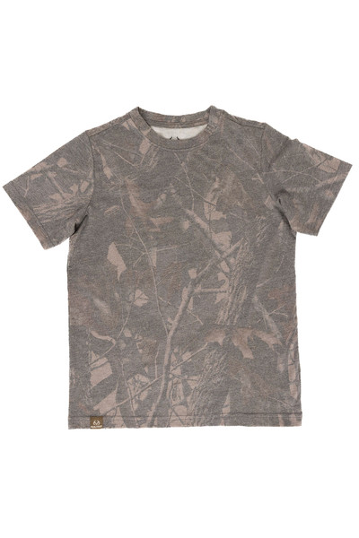 Flat lay front view of kids tri-blend crew neck shirt in Realtree Hardwoods print.