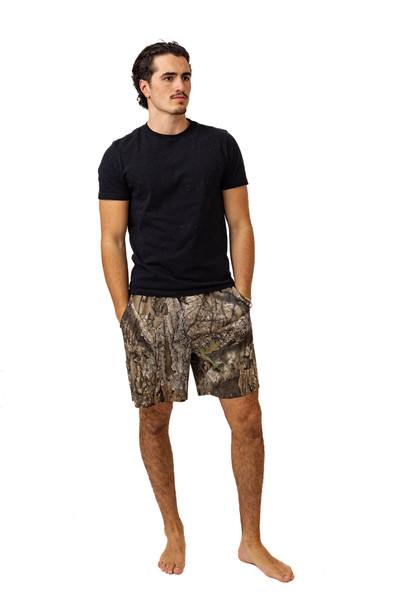 Full-body front view of men’s Realtree APX lined camo shorts with relaxed fit and elastic waistband.