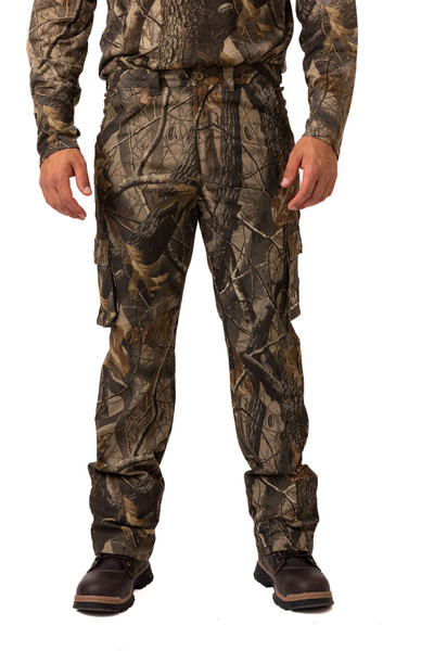 Men's Realtree Hardwoods camo 6-pocket hunting pants shown on a model, front view.