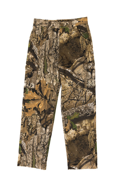 Flat lay front view of kids 6-pocket camo pants in Realtree APX pattern.