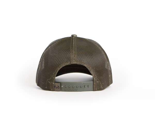 Back view of brown mesh snapback hat with adjustable closure.
