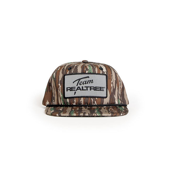 Front view of Team Realtree camo snapback hat with white logo patch.