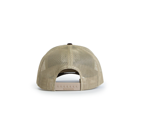 Back view of brown Realtree trucker hat with tan mesh panels and snapback closure.