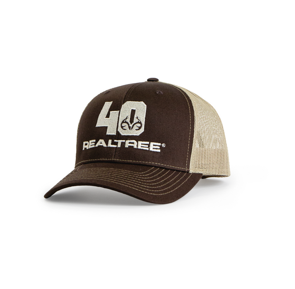Angled front view of brown 40th Anniversary Realtree trucker hat with embroidered 40 logo main.