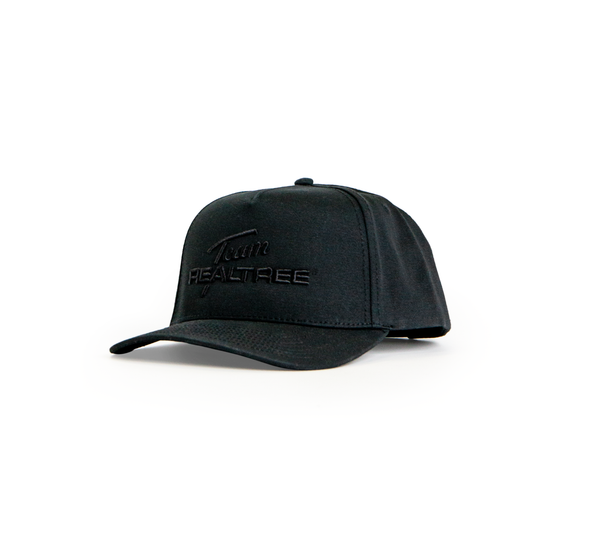 Angled front view of 40th Anniversary Team Realtree black 5-panel hat with embossed Team Realtree logo main