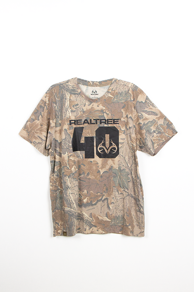 Front view of Realtree Advantage Classic camo tri-blend shirt with large 40th Anniversary logo print.