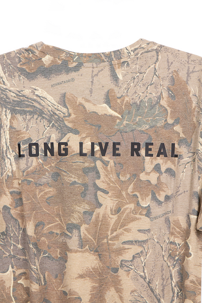 Close-up of “Long Live Real” back graphic on Realtree Advantage Classic camo pattern.