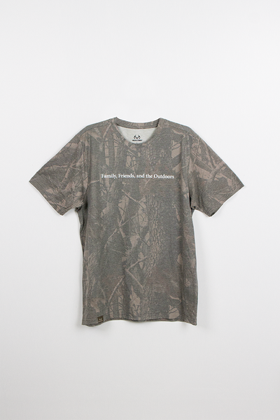 Front view of 40th Anniversary Realtree Hardwoods tri-blend camo t-shirt.