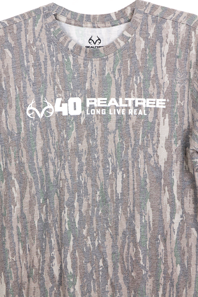 Close-up of 40 Realtree Long Live Real logo on tri-blend camo T-shirt.