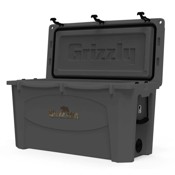 Angled view of Grizzly NWTF 100-quart cooler open with lid raised.