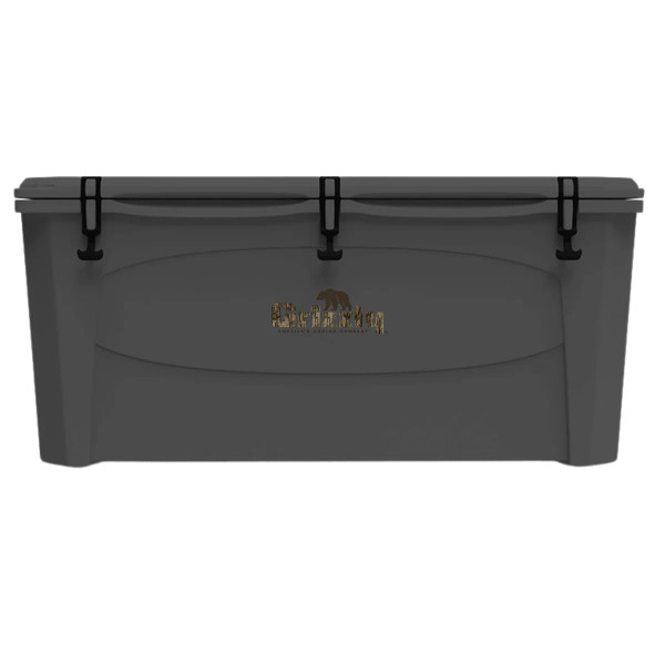 Front view of Grizzly 165 qt camo cooler with heavy-duty rubber latches.