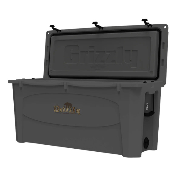 Angled view of Grizzly NWTF 165-quart cooler open with lid raised main.