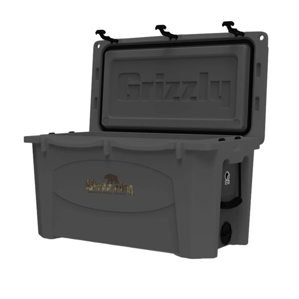 Angled view of Grizzly NWTF 75-quart cooler open with lid raised main