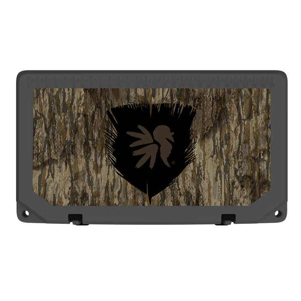 Top view of NWTF turkey logo on Realtree Legacy camo cooler lid.