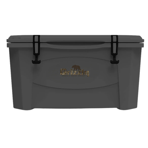 Front view of Grizzly 60 qt camo cooler with heavy-duty rubber latches.