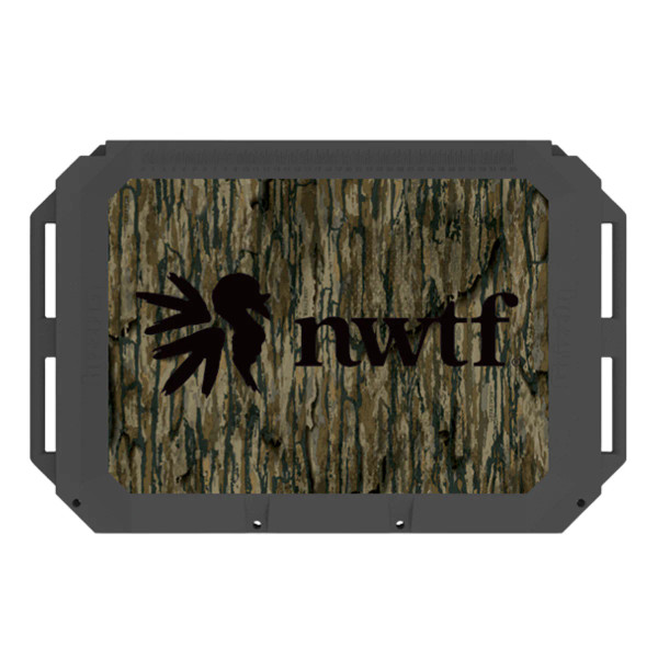 Top view of NWTF logo on Realtree Legacy camo cooler lid.
