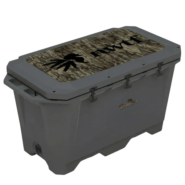 Angled view of Grizzly NWTF 350-quart camo cooler with Realtree Legacy lid graphic main