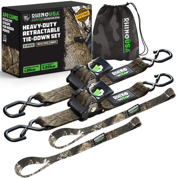 Heavy-duty Rhino USA 2-inch by 10-foot retractable camo ratchet straps 2-pack in Realtree APX with storage bag and retail box.