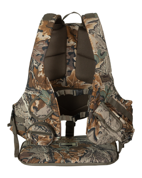 Angled front view of Air Elite camo turkey vest with padded seat.