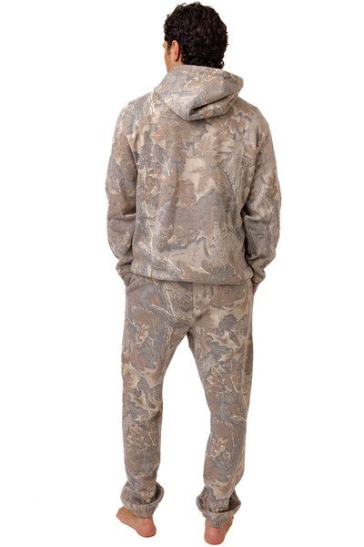 Rear view of man wearing Realtree Advantage Classic camo hoodie and sweatpants set.