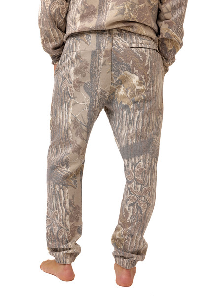Back view of men's Realtree Xtra Grey camo sweatpants with elastic waistband and cuffs.