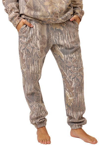 Front view of Realtree Xtra Grey camo sweatpants with elastic waistband and side pockets.