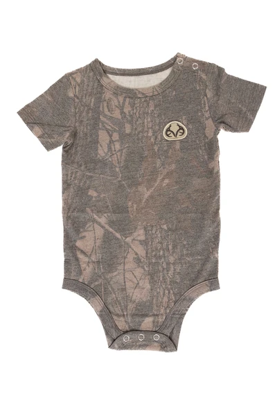 Baby camo bodysuit in Realtree Hardwoods pattern with short sleeves and snap-button design.