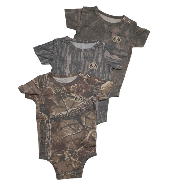 Three-pack of camo baby onesies featuring Realtree APX, Hardwoods, and Original patterns with short sleeves and snap closures main
