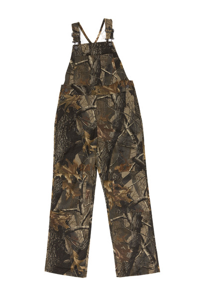 Youth Realtree Hardwoods camo bib overalls laid flat with bib front and adjustable straps.