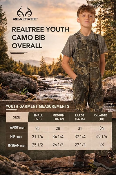 Realtree Youth camo bib overalls size chart with model wearing bibs outdoors by a stream, showing youth garment measurements for waist, hip, and inseam.