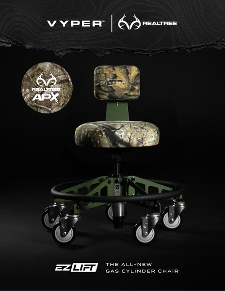 Front view of Vyper Realtree APX camo chair with padded seat, backrest, and caster wheel base main