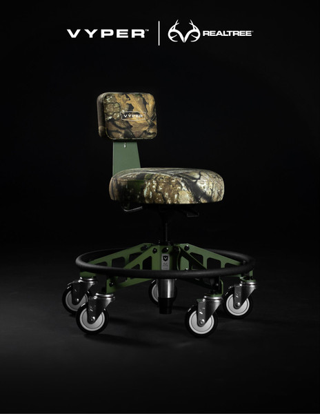 Three-quarter front view showing camo cushion, steel frame, and rolling base design.