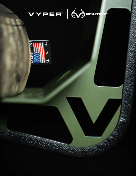 Close-up of Vyper camo chair frame with Made in USA tag and rugged construction.