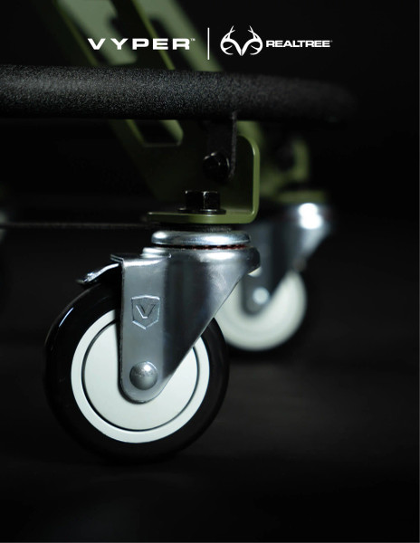 Close-up of Vyper camo chair caster wheel and rolling base hardware.
