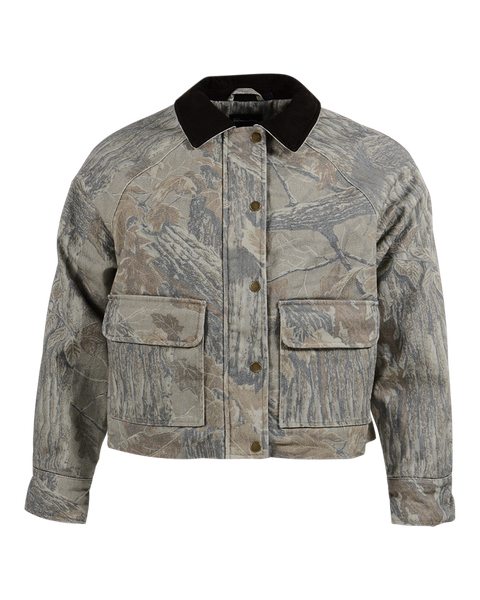 Front view of Banded women's Scout camo jacket in Realtree Xtra Grey with button closure and pockets.
