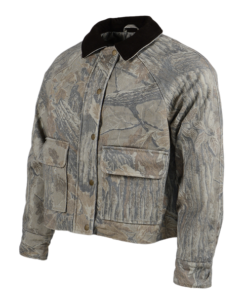 Angled view of Banded women's Realtree Xtra Grey Scout camo jacket with black collar detail.