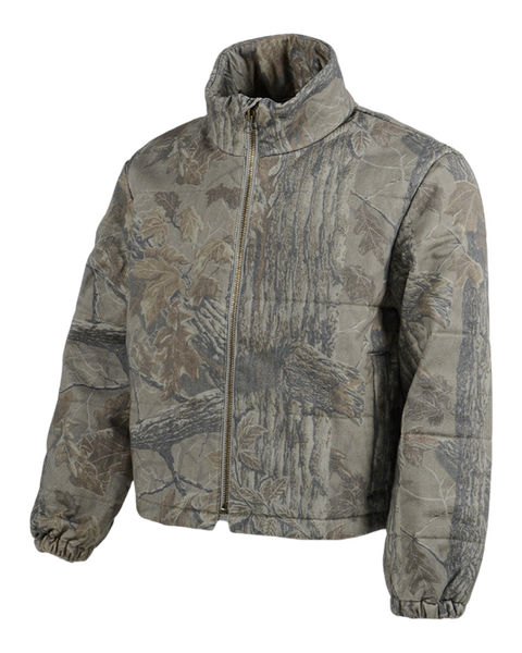 Banded women's Bonfire camo puffer jacket in Realtree Xtra Grey, angled view.
