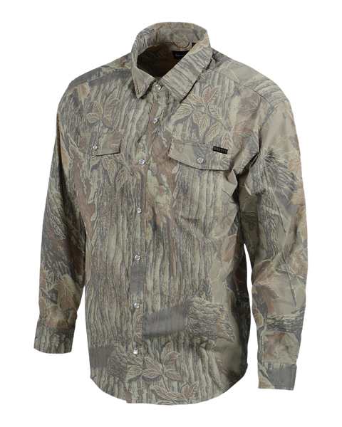 Banded men's Realtree Xtra Grey camo shirt, angled front side view.