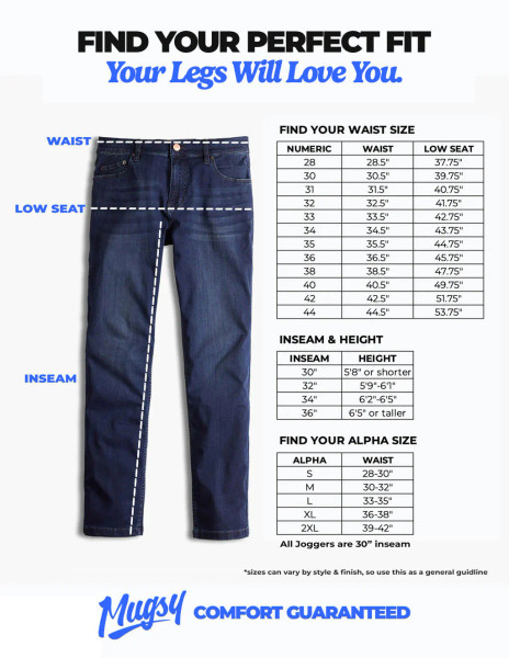 Mugsy men's denim camo jeans size guide and fit chart graphic.