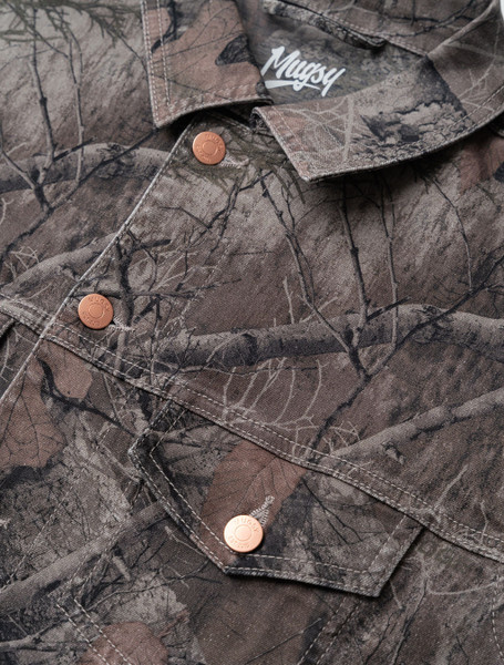Detail view of Mugsy Realtree EDGE camo jacket buttons and stitching.