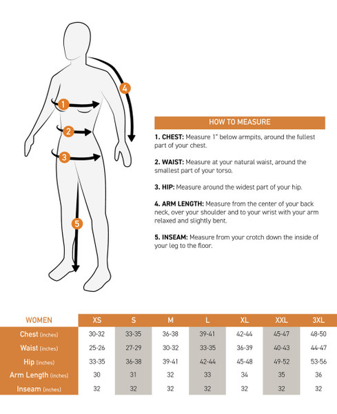Women’s sizing chart with measurement guide showing how to measure chest, waist, hip, arm length, and inseam, plus size ranges from Small to 3XL.