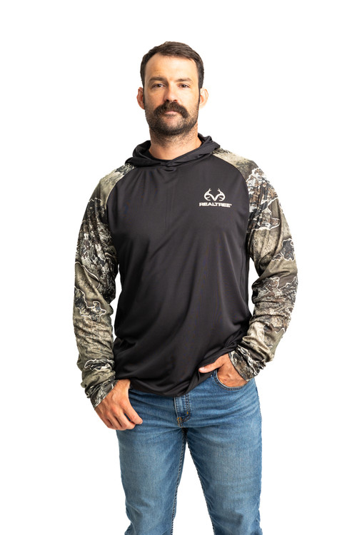 Realtree Men's Folsom Performance Hooded Long Sleeve Tee | Excape, Size: Small, Black