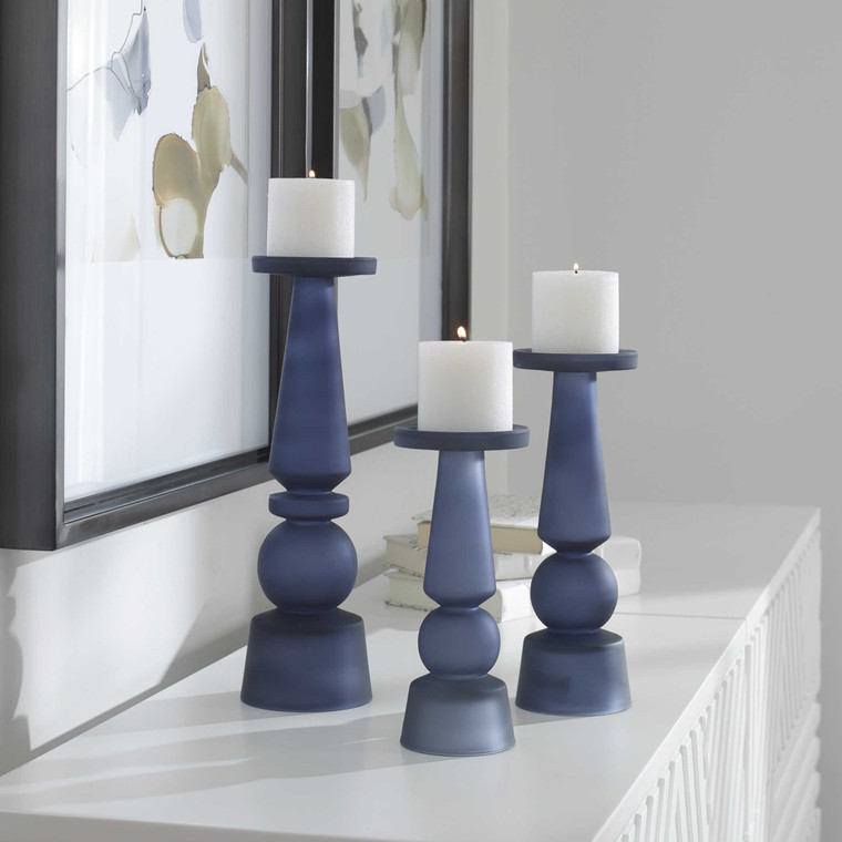 Uttermost Cassiopeia Blue Glass Candleholders, S/3 17779