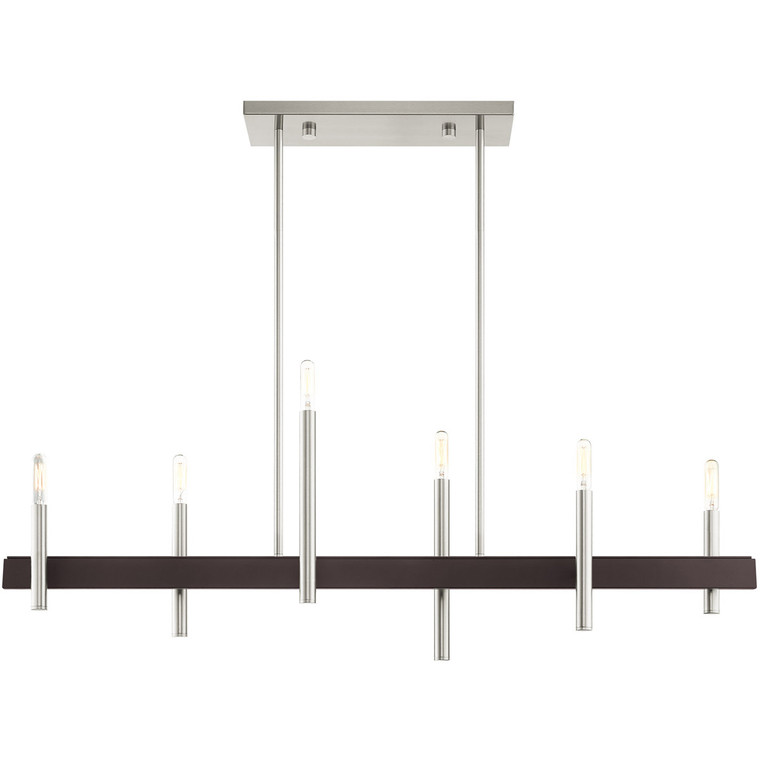 Livex Lighting Denmark Collection 6 Lt Brushed Nickel Linear Chandelier in Brushed Nickel with Bronze Accents 49336-91