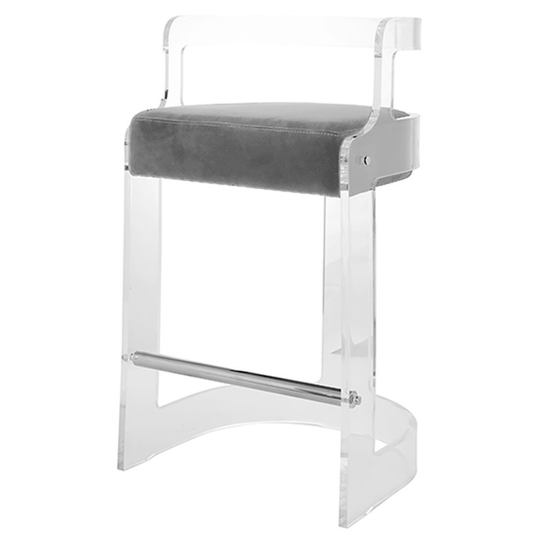 Worlds Away Malone Acrylic Barrel Back Counter Stool with Cushion in Grey Velvet MALONE GRY