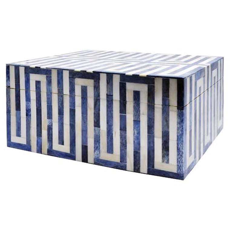 Worlds Away Mellie Large Geometric Patterned Box in Blue and White Resin MELLIE LG BL
