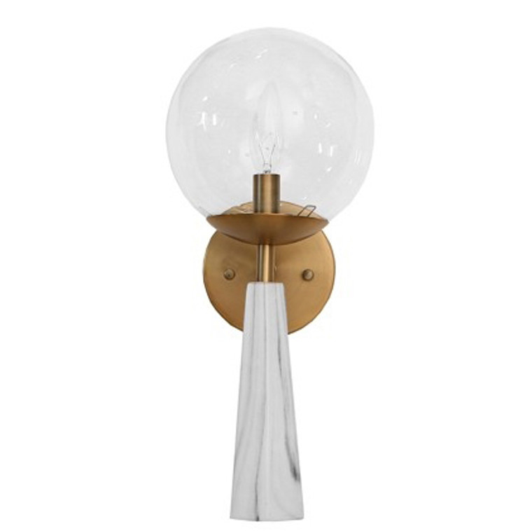 Worlds Away Shelly Faux Marble Sconce with Antique Brass Detailing and Clear Globe SHELLY ABR
