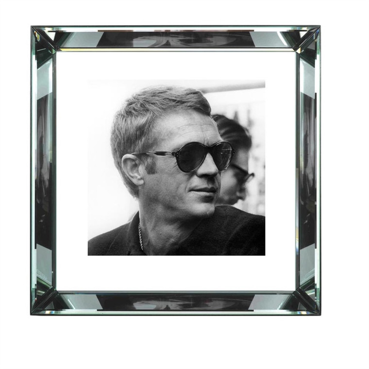 Worlds Away Steve McQueen 20 x 20 Black and White Print with Hollywood Style Beveled Mirror Frame BVL187