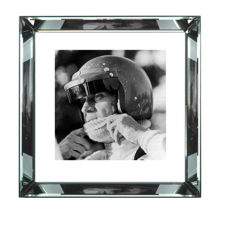 Worlds Away Steve McQueen Racing 20 x 20 Black and White Print with Hollywood Style Beveled Mirror Frame BVL189