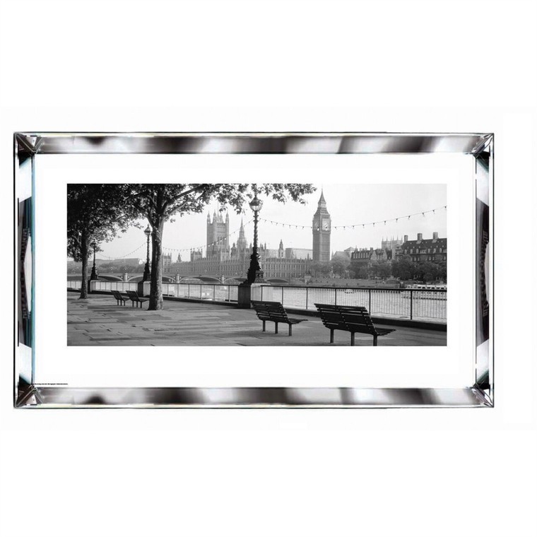 Worlds Away Thames Big Ben London 38 x 18 Black and White Print with Hollywood Style Beveled Mirror Frame BVL269